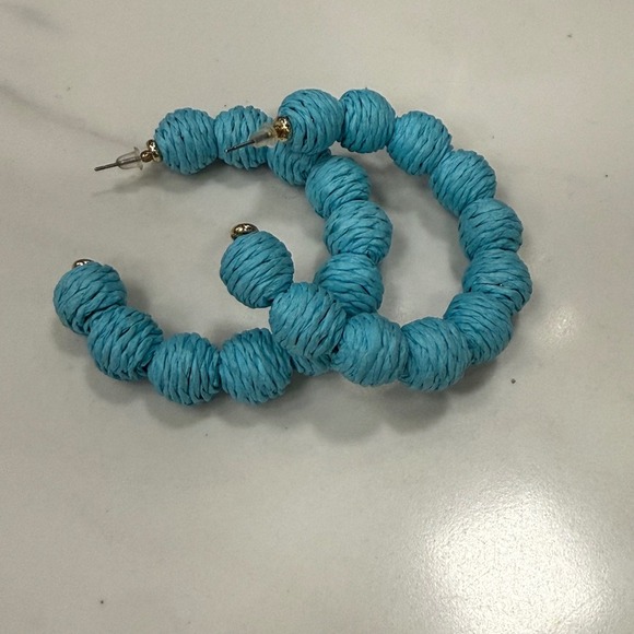Aqua Blue Raffia Wrapped Hoop Earrings Fun Statement Jewelry - Picture 2 of 2